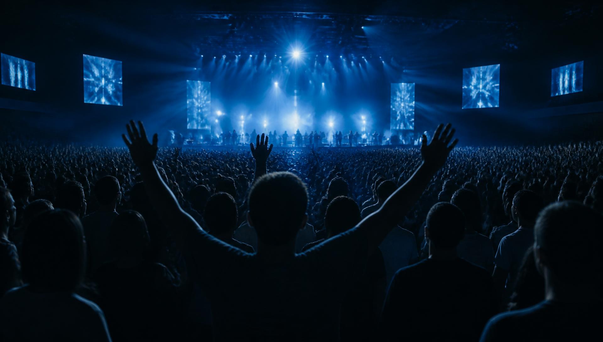 Crowd worshipping with raised hands at a Christian concert